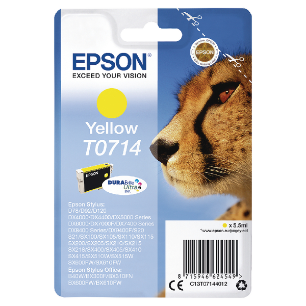 Epson T0714 Ink Cartridge DURABrite Ultra Cheetah Yellow C13T07144012