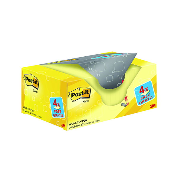 Post-it Notes 38x51mm Canary Yellow (Pack of 20) 653CY-VP20