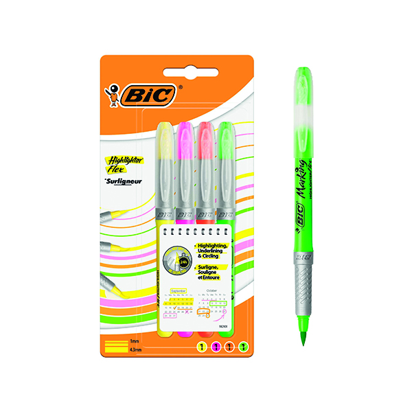 Bic Highlighter Flex Brush Tip Assorted Colours (4 Pack) 942041