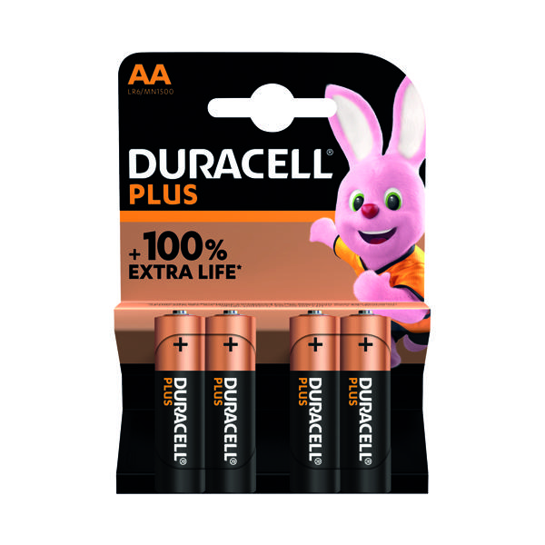 Duracell Plus AA Battery Alkaline 100% Extra Life (Pack of 4) 5009370