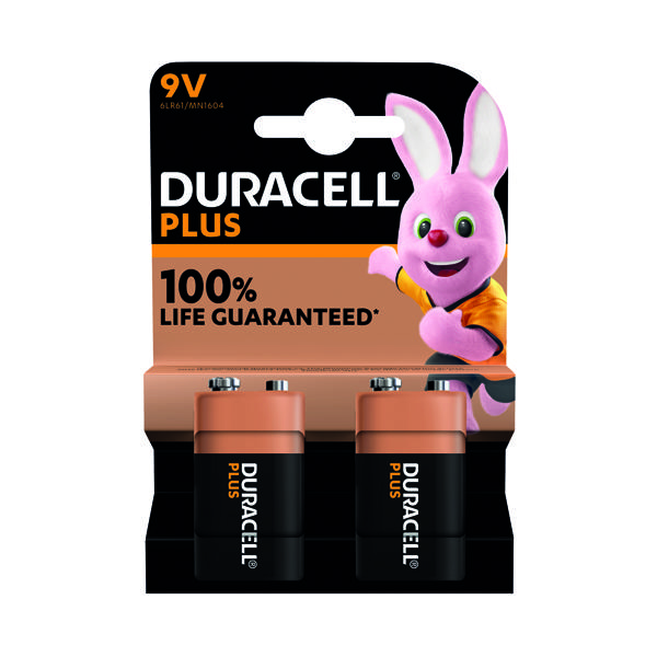 Duracell Plus 9V Battery Alkaline 100% Life (Pack of 2) 5011416
