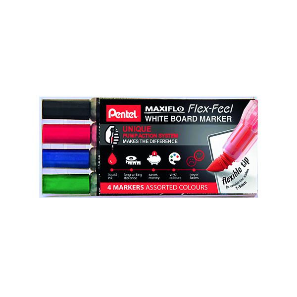 Pentel Maxiflo Flex-Feel Whiteboard Marker Assorted (Pack of 4) YMWL5SBF/4-M