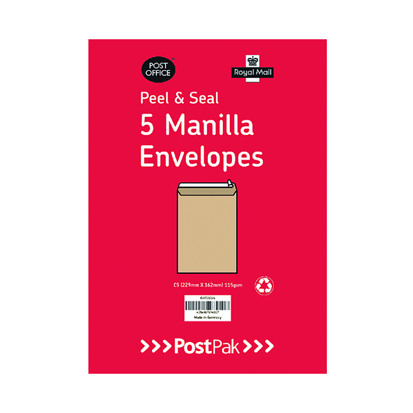 Postpak C4 Peel and Seal Manilla 115gsm 40 Packs of 5 (200 Pack) Envelopes 9731119