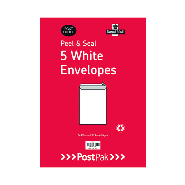 Postpak C4 Peel and Seal White 90gsm 40 Packs of 5 Envelopes (200 Pack) 9731232
