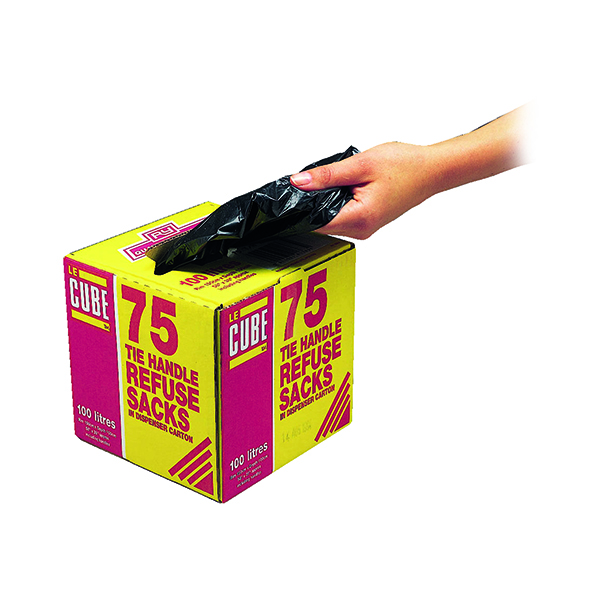Le Cube Tie Handle Refuse Sacks With Dispenser 100 Litre Black (75 Pack) 0481