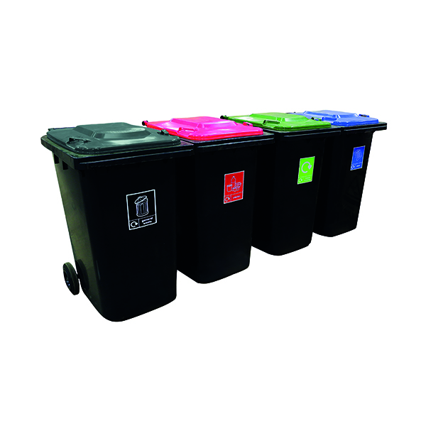 VFM Wheelie Bins 240L With Colour Coded Lids and Recycling Stickers (Set of 4) 426069