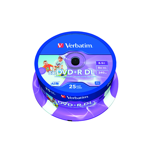 Verbatim DVD-R DL 8x 8.5GB No ID Wide Printable Spindle (Pack of 25) 43667