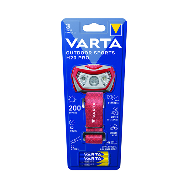 Varta Outdoor Sports H20 Pro Head Torch 3xAAA 52 Hours Run Time Red/Grey 17650101421